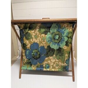 Vintage Folding Wooden Sewing Basket Craft Caddy Floral Fabric Mid Century Boye